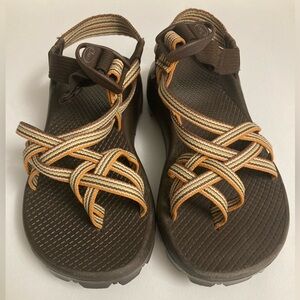 Fixed toe tightening! Chaco ZX2 with brown, tan, and orange stripes